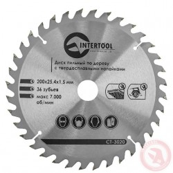 Диск пильный по дереву с твердосплавными напайками 200 х 25.4мм х 36Т Intertool CT-3020 Диск пильный по дереву с твердосплавными напайками 200 х 25.4мм х 36Т Intertool CT-3020