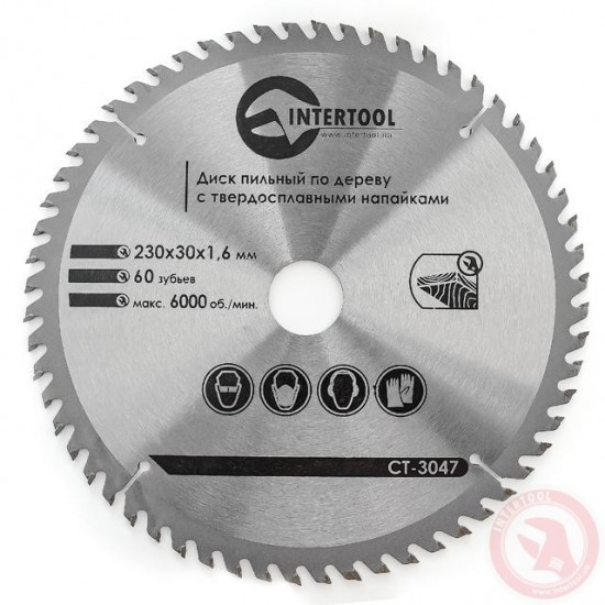 Диск пильный по дереву с твердосплавными напайками 230 х 30мм х 60Т Intertool CT-3047