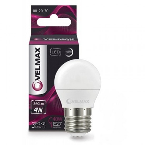LED лампа Velmax V-G45 4W E27 4100K 360Lm 00-20-30