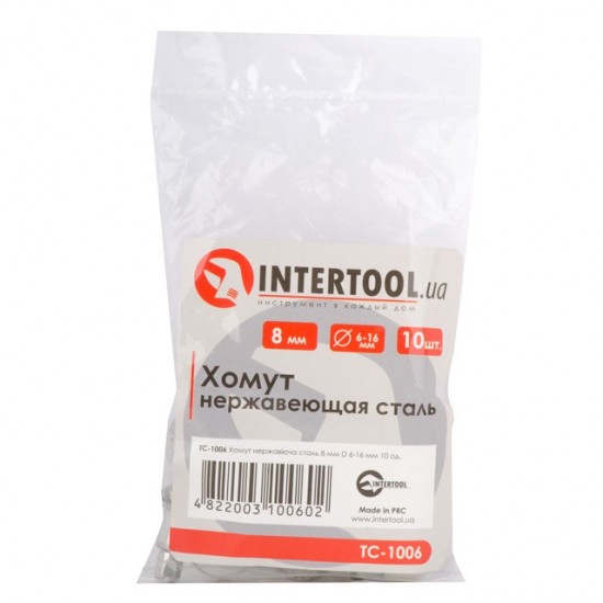 Хомут нержавеющая стль 8 мм D 6-16 мм Intertool TC-1006