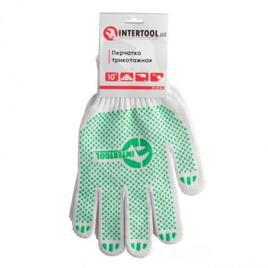 Перчатки белые трикотажные с зеленой ПВХ точкой 7 Intertool SP-0126