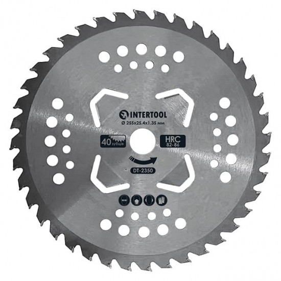 Нож для мотокосы 25.4х255мм х 1.35мм 40-зубчатый с твердосплавными напайками Intertool DT-2350