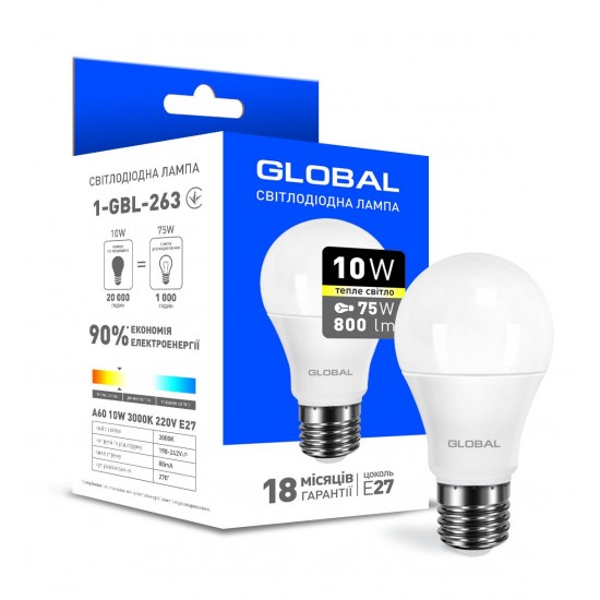 Лампа светодиодная 10W E27 Global 1-GBL-163 А60 3000K 220V AL