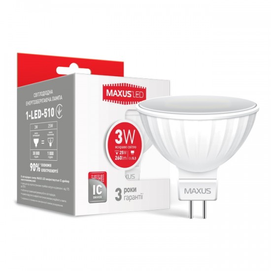 Лампа светодиодная 3W Maxus 1-LED-510 MR16 4100K 220V GU5.3