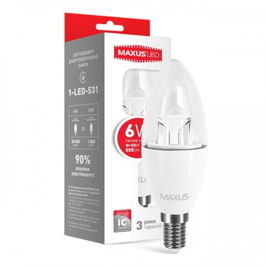 Лампа светодиодная 6W E14 Maxus 1-LED-531 C37 CL-C 3000K 220V