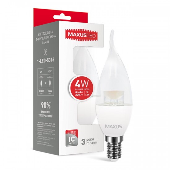 Лампа светодиодная 4W E14 Maxus 1-LED-5316 C37 CL-T 4100K 220V