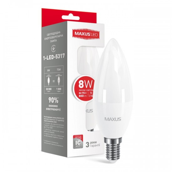 Лампа светодиодная 8W E14 Maxus 1-LED-5317 C37 CL-F 3000K 220V