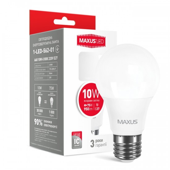 Лампа светодиодная 10W E27 Maxus 1-LED-562-P А60 4100K 220V
