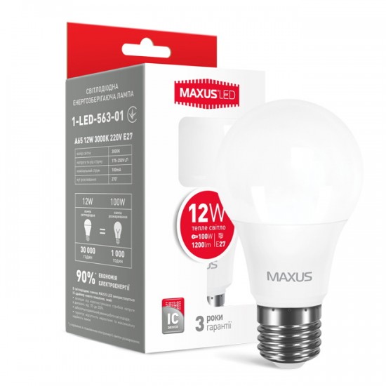 Лампа светодиодная 12W E27 Maxus 1-LED-563-P А65 3000K 220V
