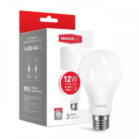 Лампа светодиодная 12W E27 Maxus 1-LED-564 А65 4100K 220V