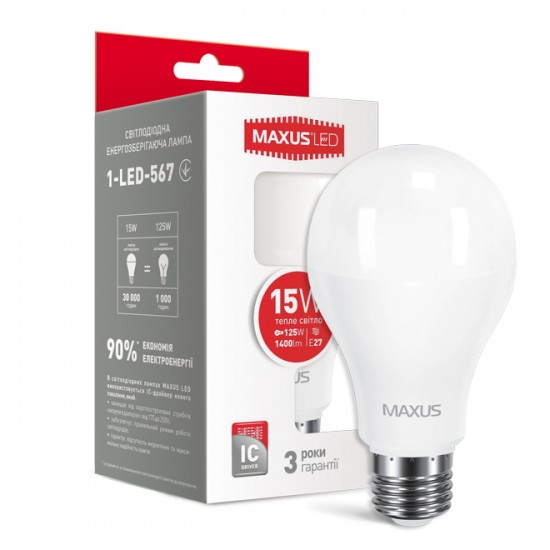 Лампа светодиодная 15W E27 Maxus 1-LED-567 C37 А-70 3000K 220V